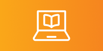 Ícono de una laptop con un libro abierto en la pantalla, con fondo naranja.
