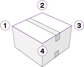 Dibujo de una caja sellada con cinta, con el panel superior delineado en púrpura y las esquinas superiores numeradas del 1 al 4.
