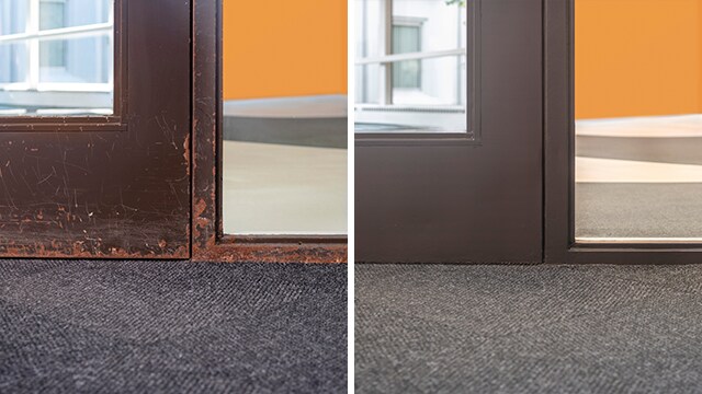Split image with before on the left looking like a worn down door and frame, the After looks new with architectural finishes from 3M applied to door.