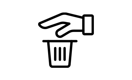 Icono de mano boca abajo sobre un bote de basura.
