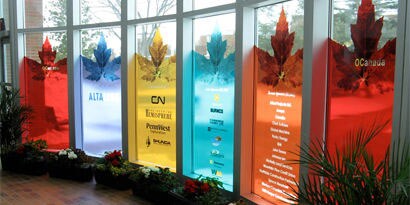 Windows wrapped with colorful maple leaves 3M transparency films
