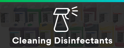 Cleaning Disinfectants, with line drawing of cleaning spray bottle.
