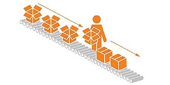 Icono de un trabajador doblando manualmente las solapas de una caja.

