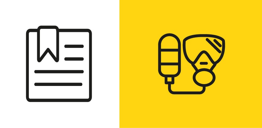 Icono de un documento con marcador a la izquierda y respirador motorizado purificador de aire a la derecha, sobre fondo amarillo 
