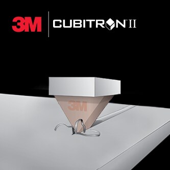 Ilustración del corte de una superficie con grano abrasivo, con el logotipo de 3M Cubitron II en la parte superior
