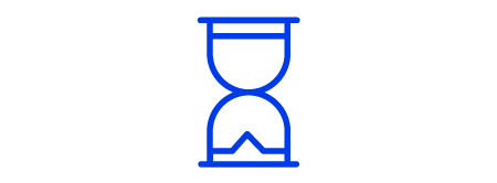 Icono de un reloj de arena, el icono es una ilustración de línea azul con fondo blanco.
