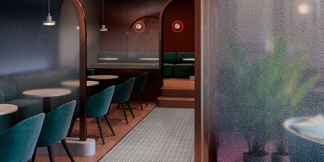 Interior de restaurante de lujo decorado en tonos joya y con divisores de vidrio con acabado de vidrio 3M en un patrón de puntos graduados.
