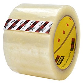 Imagen de un rollo de cinta de sellado de cajas Scotch® High Tack 375+, diseñada para materiales de gran peso.