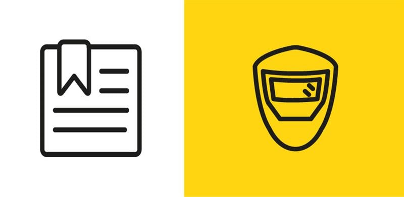 Icono de un documento con marcador a la izquierda y equipo de protección para soldadura a la derecha sobre fondo amarillo.
