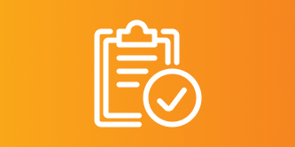 Ícono de una libreta con un símbolo de marca de verificación, con fondo naranja.
