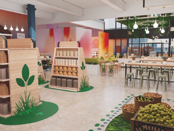 Amplio interior de la tienda con estantes de madera, paredes coloridas y zona de descanso, que destaca por su diseño moderno y ecológico.
