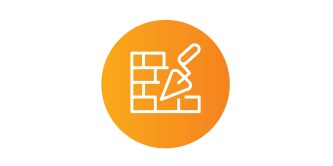 Ícono de construcción con una pared de ladrillos y una paleta de albañil en un círculo naranja.
