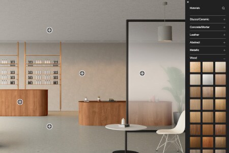 Un ejemplo de la interfaz de una herramienta de visualizacion que muestra opciones de granos de madera que se pueden aplicar en el interior de un tienda.
