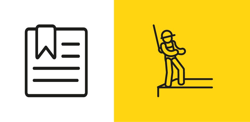 Icono de certificado junto a icono de trabajador con arnés de seguridad en altura
