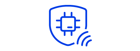 Icono de un escudo con un chip de ordenador adentro y una onda que intenta penetrar desde la parte inferior derecha, el icono es una ilustración de líneas azules con fondo blanco.
