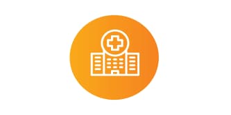 Ícono de un hospital con una cruz médica en la parte superior, dentro de un círculo naranja.
