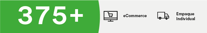 Imagen de fondo blanco y verde con el numero 375+, iconos de computadora y una pallet de empaque.
