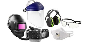 Imagen que muestra equipo de seguridad: casco, mascarilla, gafas, protector facial y orejeras.
