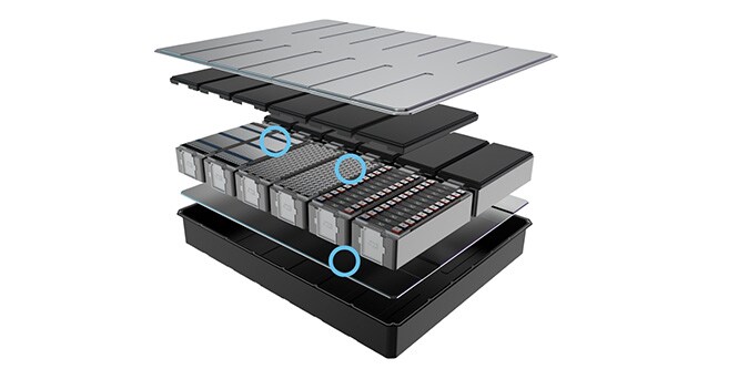 Uso de adhesivos y rellenos de huevos en baterías de vehículos eléctricos.
