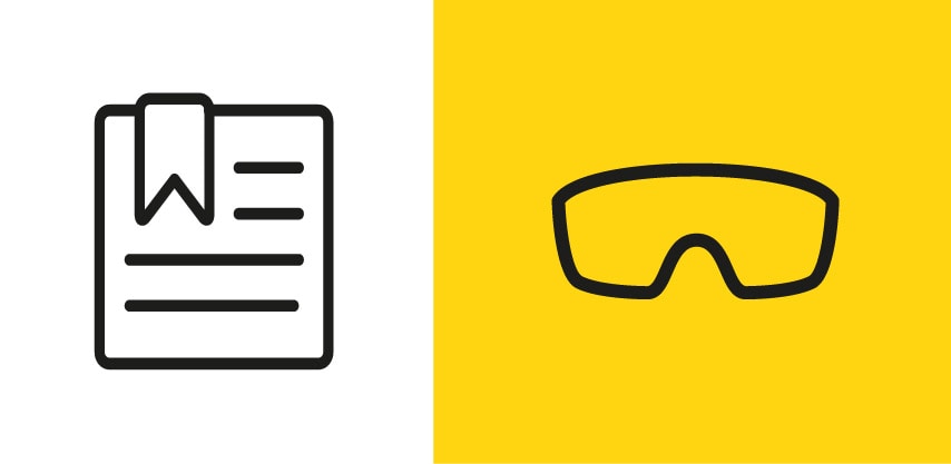 Icono de certificado junto a icono de gafas de seguridad.
