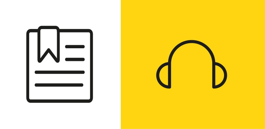 Icono de un documento con marcador a la izquierda y auriculares de protección auditiva a la derecha sobre fondo amarillo.
