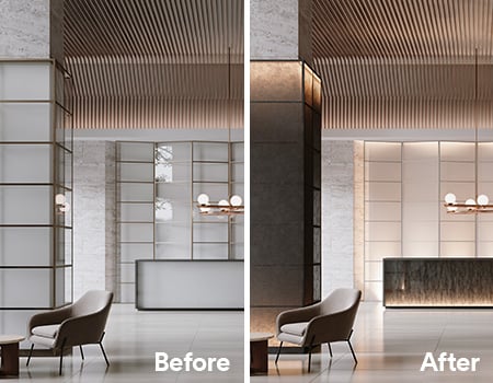 Imagen de antes y después del área de recepción renovada con acabados DINOC y FASARA de 3M.
