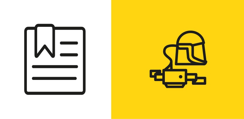 Icono de un documento con marcador a la izquierda y respirador motorizado purificador de aire a la derecha, sobre fondo amarillo 
