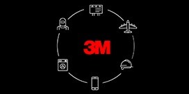 Logotipo de 3M sobre un fondo negro con íconos a su alrededor.
