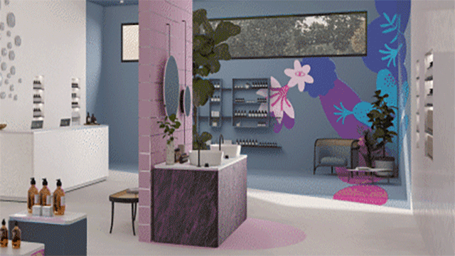Imagen de una instalación colorida, azules, rosas, grises y celestes.

