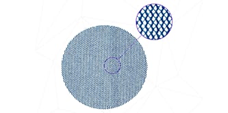 Muestra circular de la construcción de la malla del disco con un recuadro ampliado que destaca el patrón entrelazado de los hilos.
