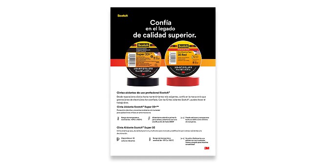 Tres productos Scotch sobre fondo amarillo: caja de cinta Super 33+ a la izquierda, rollo grande de cinta Super 33+ en el centro y rollo de cinta de embalaje para envío a la derecha.
