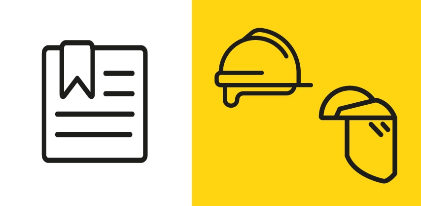 Icono de certificado junto a iconos de casco de seguridad y protector facial.

