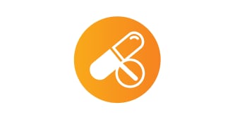Ícono de una píldora de medicamento, dentro de un círculo naranja.
